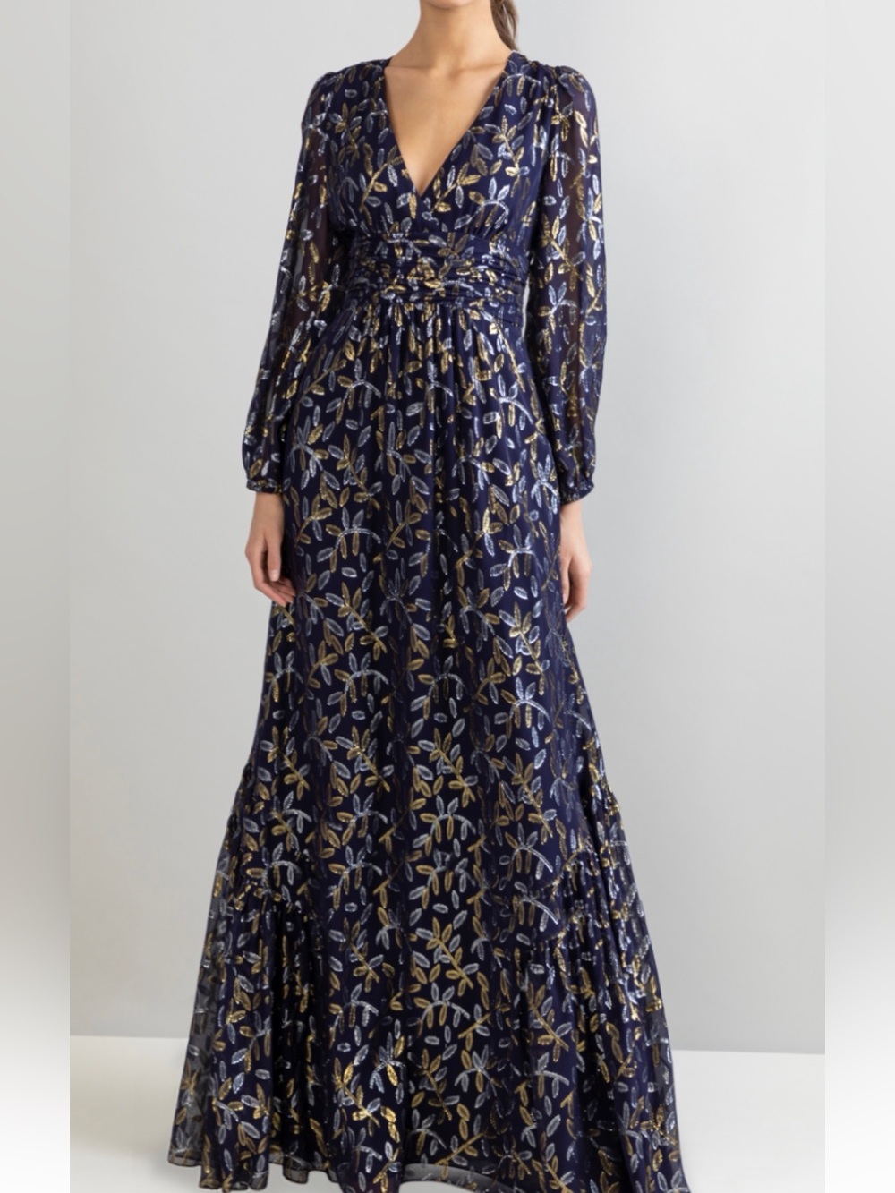 Shoshanna Navy Maxi Dress with Gold & Silver Leaf Motif